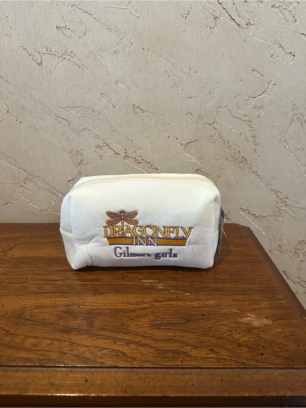 Gilmore Girls Dragonfly Inn Embroidered Cream Plush Zipper Makeup Bag Pouch NEW